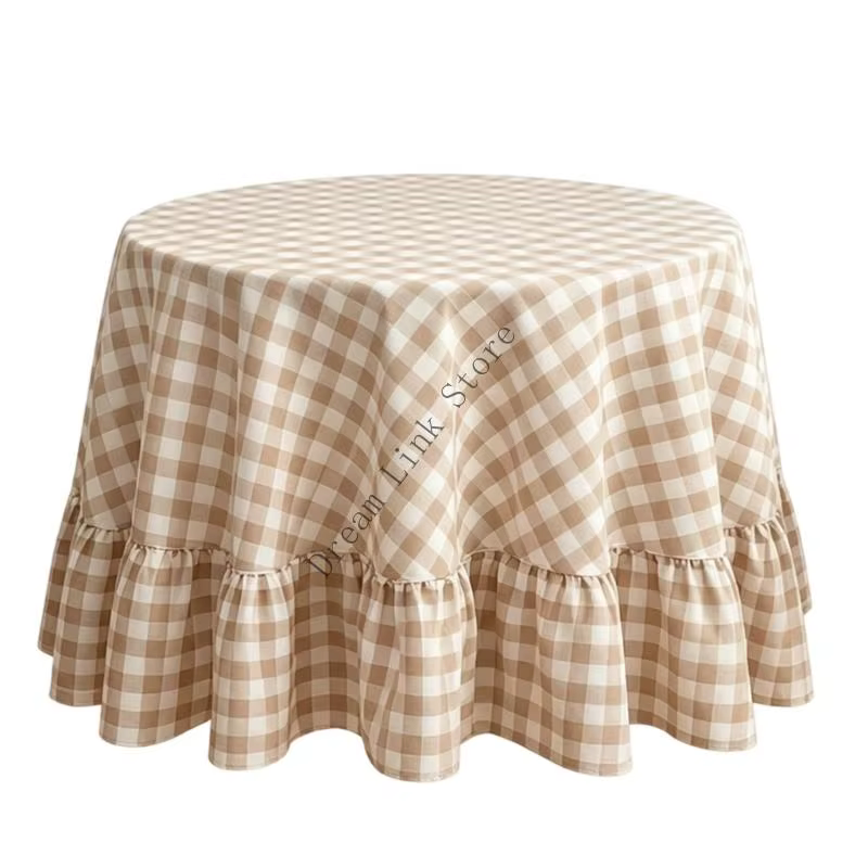 Couverture Table ronde à carreaux avec bords à volants, nappe en mélange coton lin à carreaux pour l