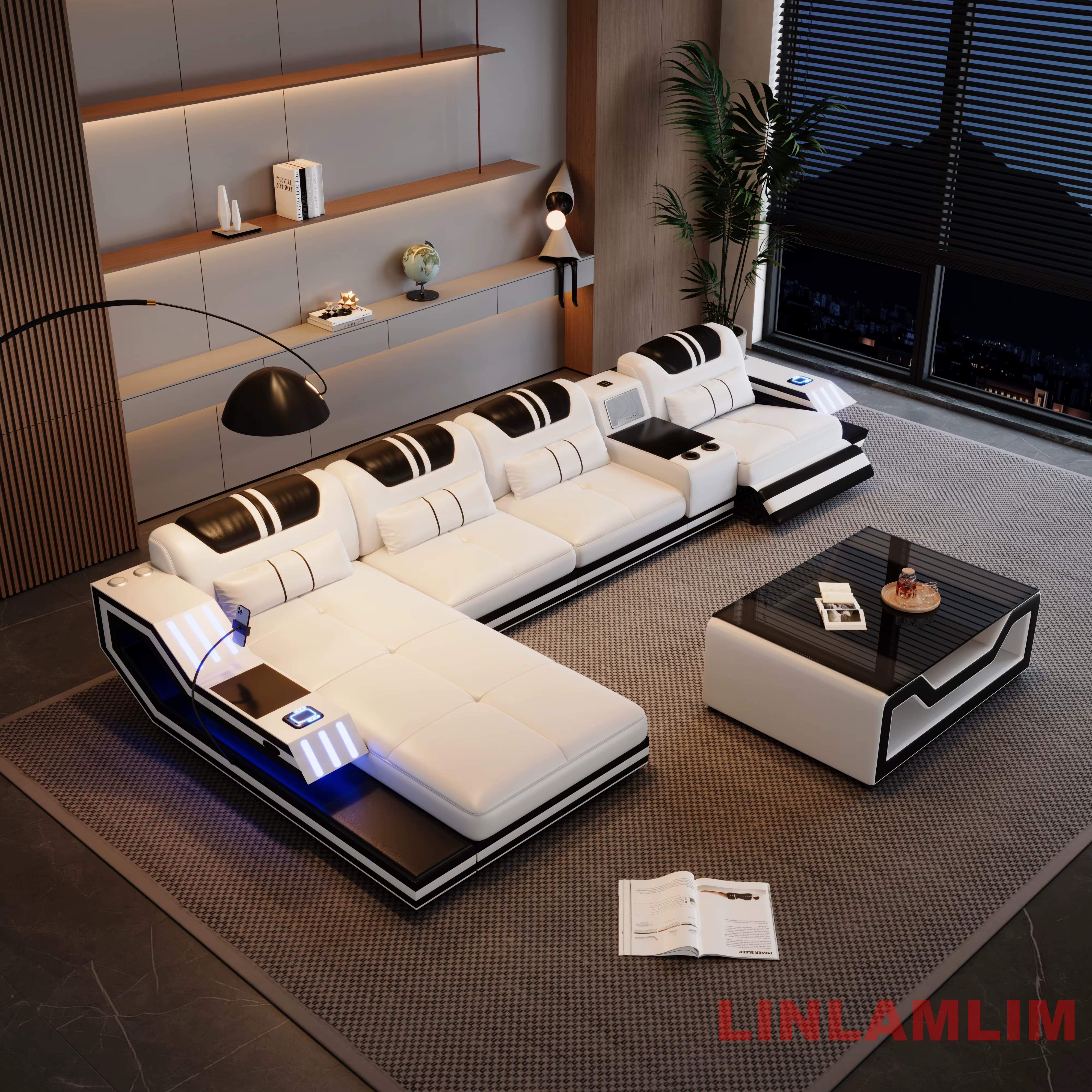 Canapé-lit sectionnel convertible en cuir véritable avec appuie-têtes réglables, fauteuils inclinabl
