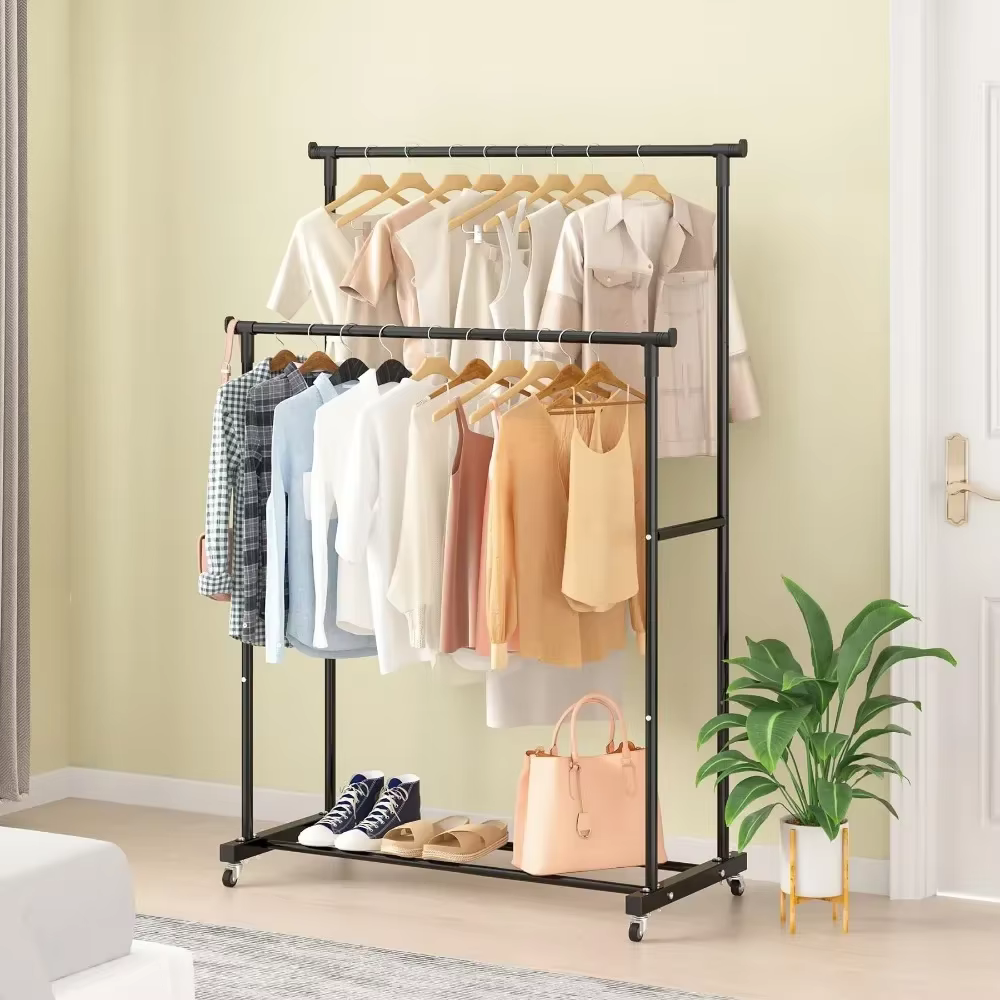 Porte-manteau mobile Double étagère à vêtements tige Simple vêtements sur pied chambre cintres de so