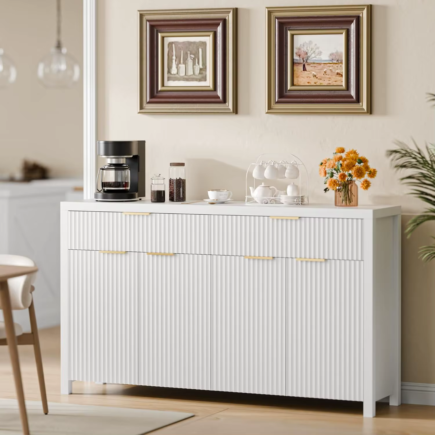 Buffet blanc cannelé avec rangement, 55 pouces, grand meuble de rangement en bois avec étagères régl
