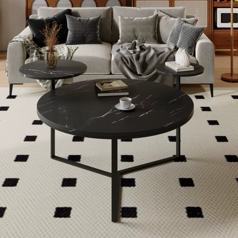Table basse moderne avec deux présentoirs, surfaces en faux marbre noir, base inspirée du trépied, b