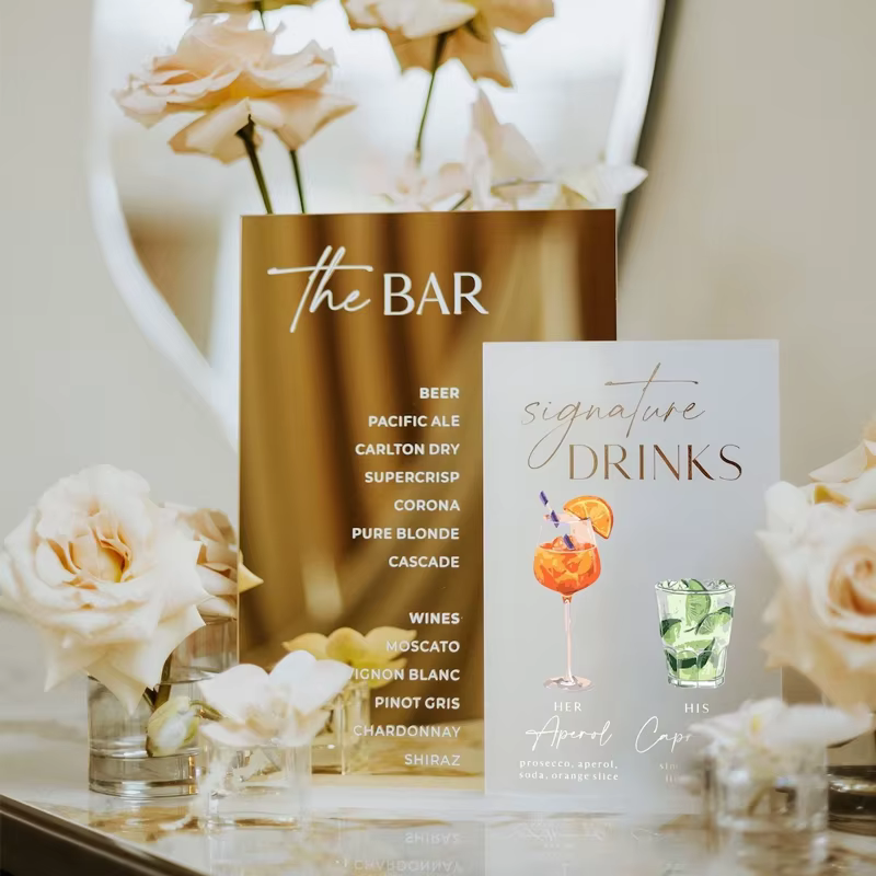 Menu de cocktails de mariage, signe de boissons de Signature de miroir doré, signe de Bar de mariage