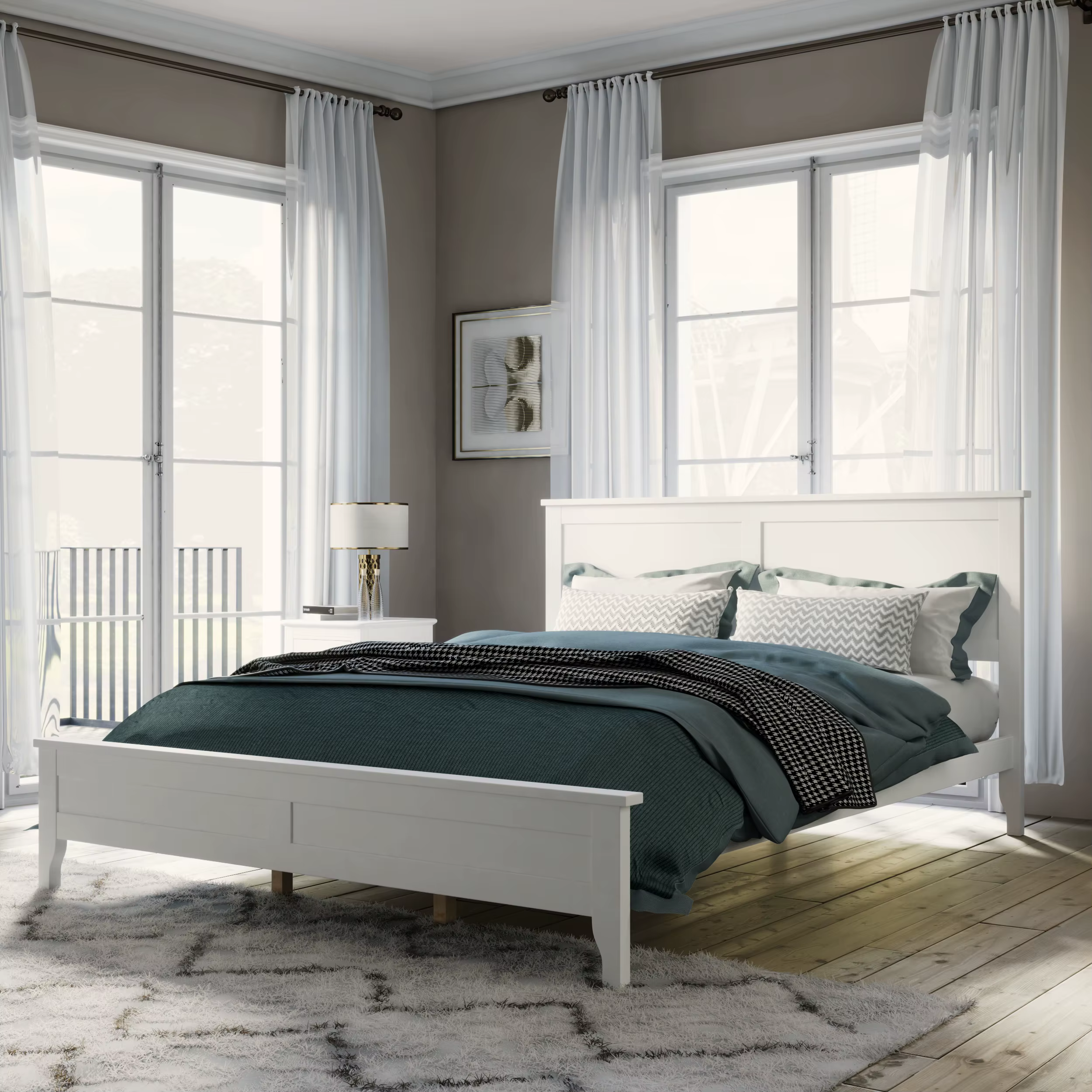 Lit à plateforme moderne en bois massif blanc, queen size