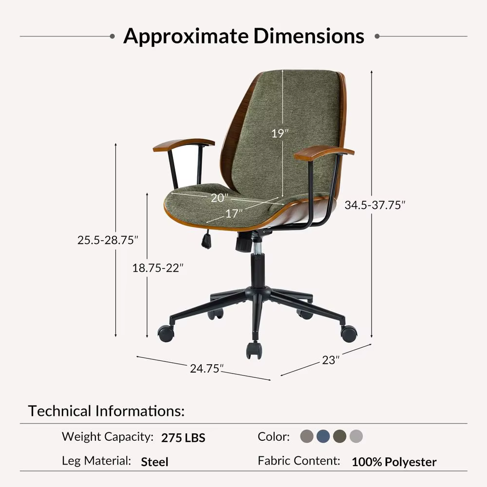 Chaise de bureau ergonomique pivotante avec revêtement en polyester et structure en bois courbé, hau