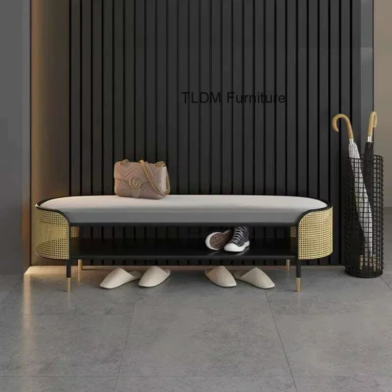 Pouf moderne Simple pour Hall d'entrée, Long creux avec coussin, tabourets légers de luxe en métal, 