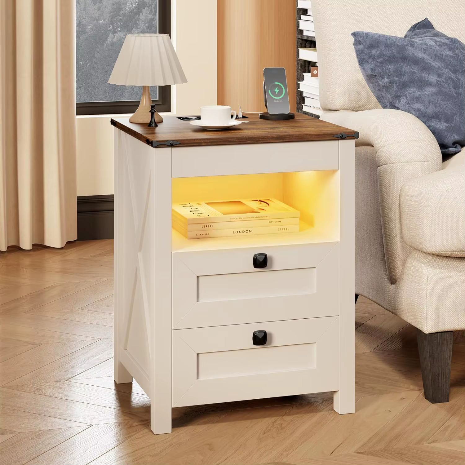 Ensemble de 2 tables de chevet LED avec tiroir pour armes à feu : Table de chevet avec station de ch