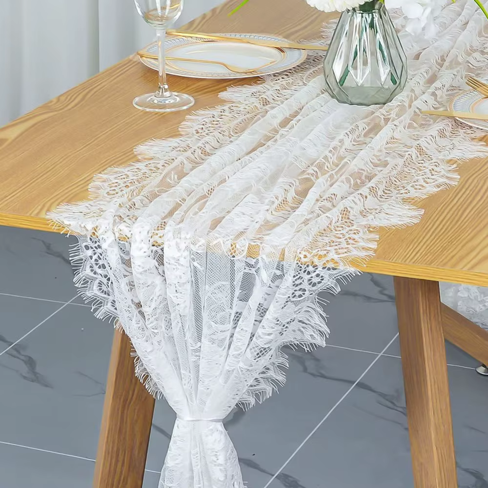 Chemin de table en dentelle blanche, broderie florale, style européen vintage, forme rectangulaire, 