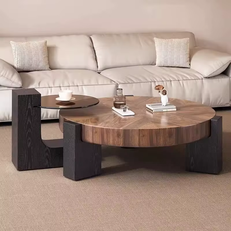 Ensemble de Table basse ronde en bois et verre de couleur noyer de luxe léger de Style médiéval pour