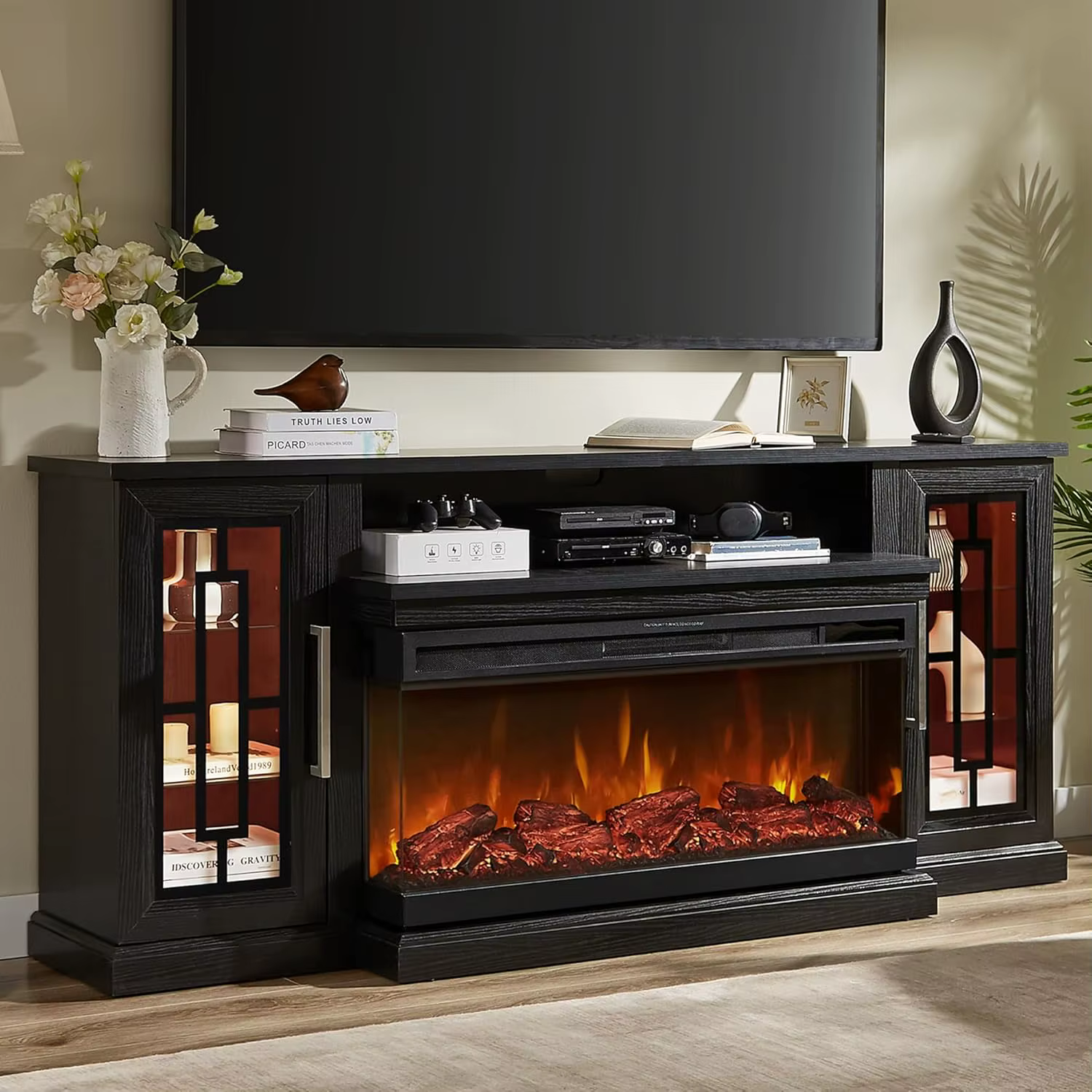 Meuble TV électrique LED 75 pouces avec foyer, console haute, verre 3 faces, flamme réglable, centre