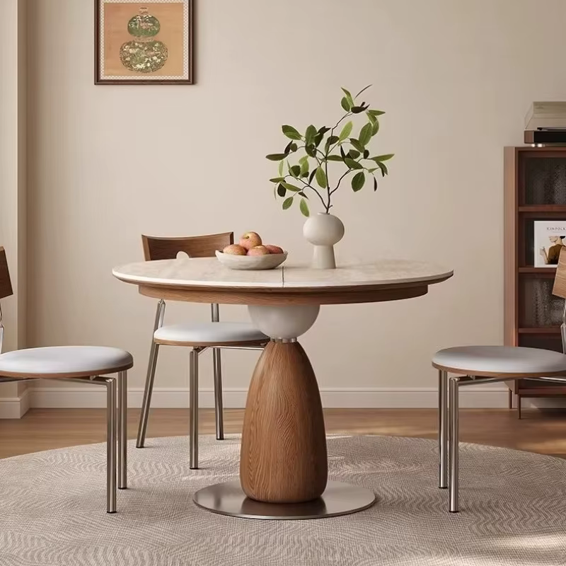 Table à manger ronde rétractable en dalle de roche de luxe moderne 90cm 100cm 110cm et ensemble de 4