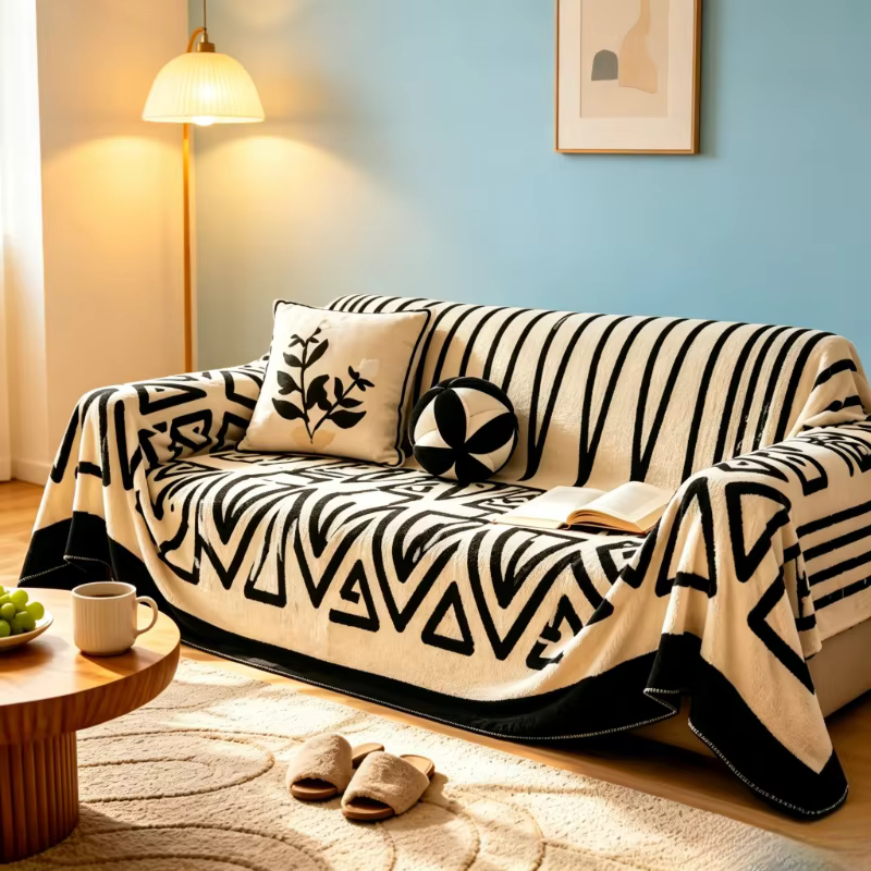 Housse de canapé style bohème en sherpa 180×230cm, couverture antidérapante noire et blanche, tissu