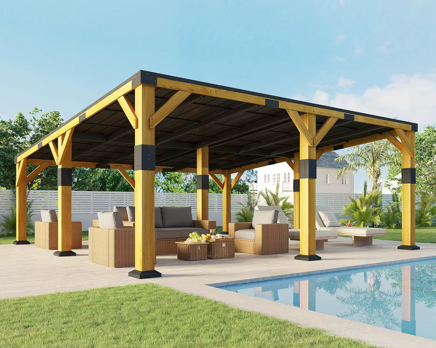 Gazebo en bois de cèdre de 20' x 20' avec toit en acier galvanisé incliné, pavillon à toit rigide av