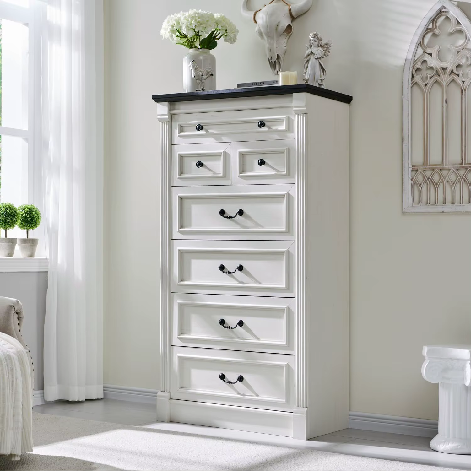 Commode Farmhouse à 7 tiroirs, grande commode à colonne romaine de 57 po, chambre à coucher, couloir