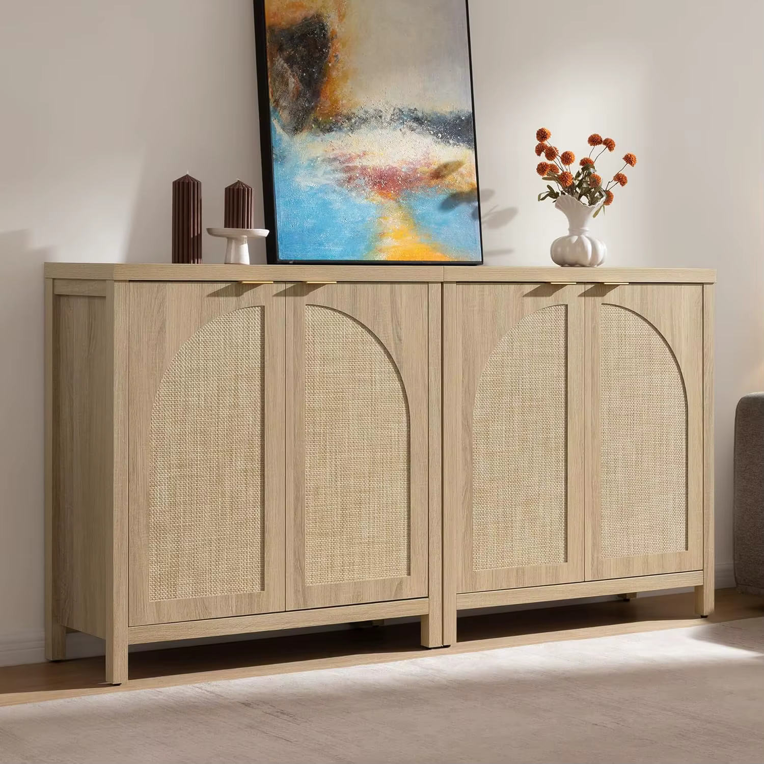 Buffet en rotin de 68 pouces de large avec rangement, lot de 2, credenza moderne du milieu du siècle