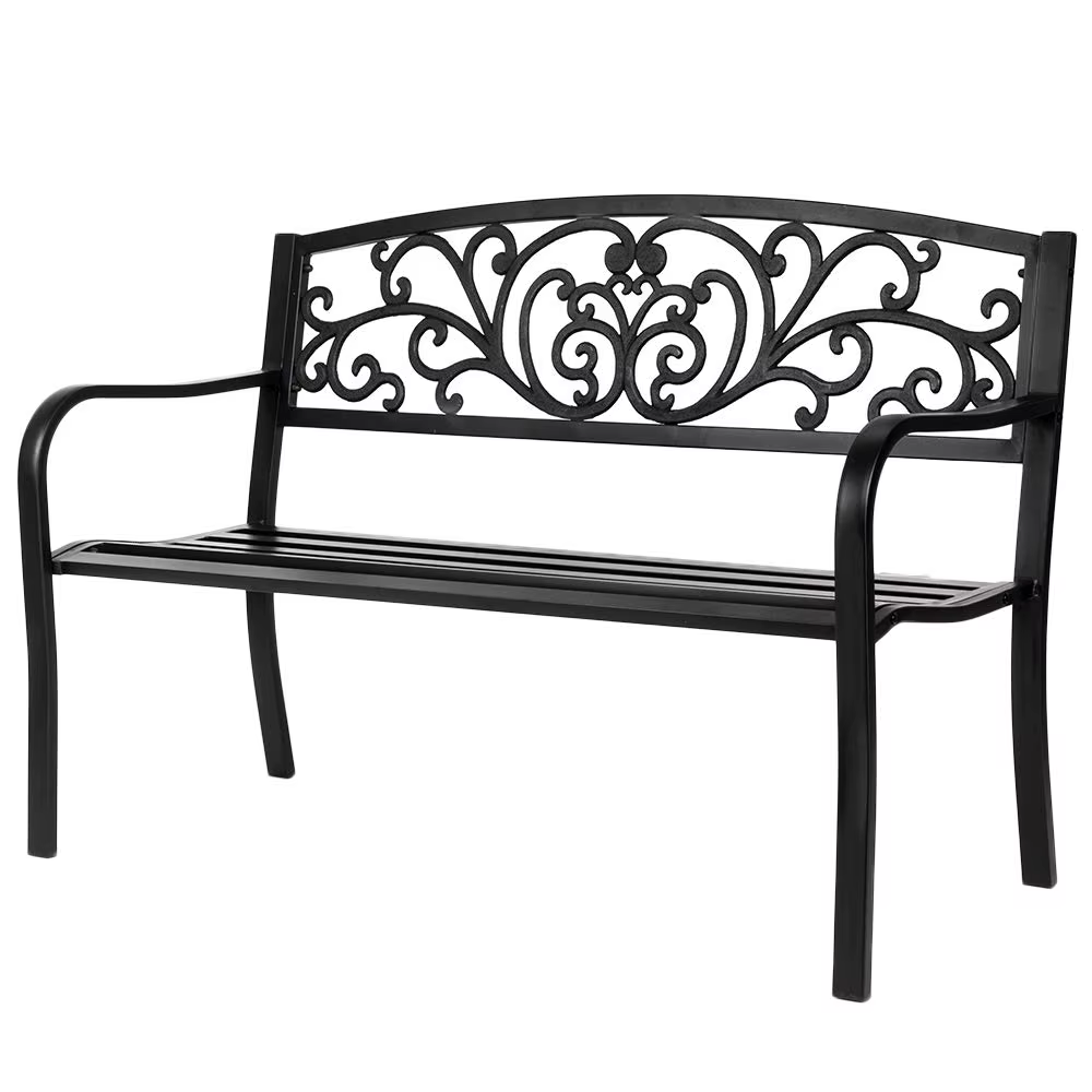 Banc de jardin extérieur en métal avec dossier en PVC à motifs, pour patio, véranda, cour, pelouse,