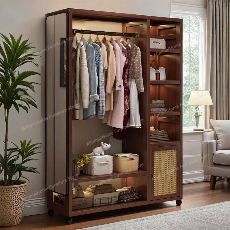 Armoire en bois massif amovible avec miroir, placard rotatif pour vêtements, meuble de chambre à cou