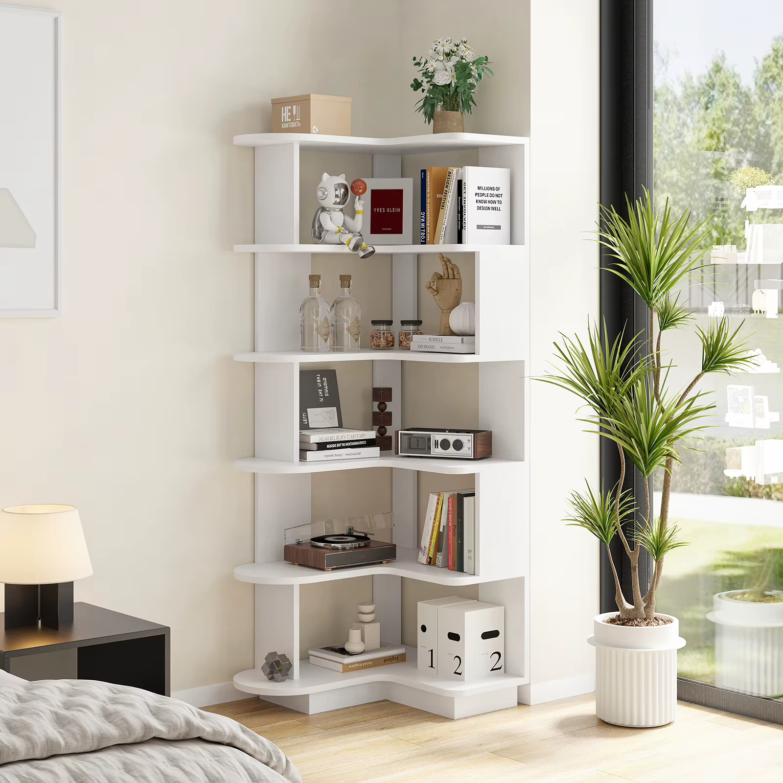 Bibliothèque d'angle Farini – Blanc, étagère de rangement peu encombrante pour le salon et le bureau