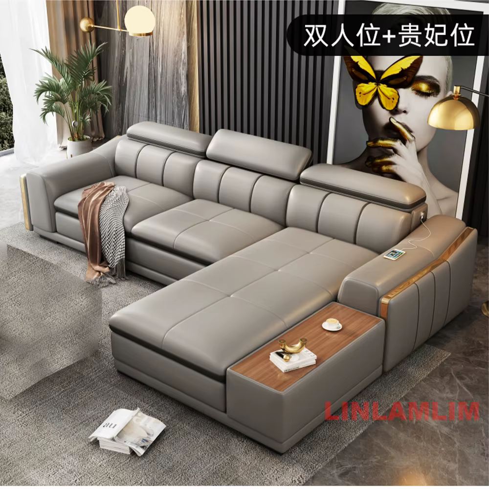 Canapé d'angle moderne en cuir véritable avec USB, haut-parleurs, porte-gobelets, appuie-têtes incli