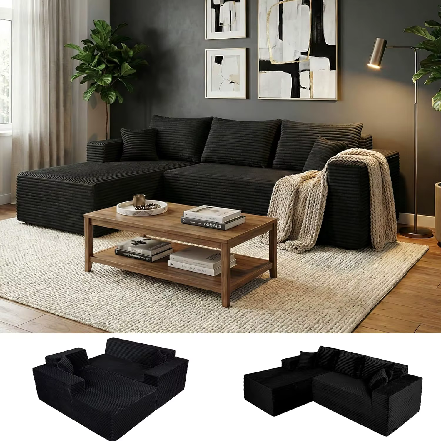 Canapé modulaire en velours côtelé en forme de L de 95 pouces, sans structure, avec assise profonde,