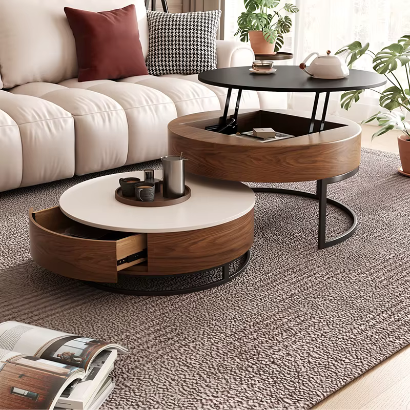 Table basse de levage en bois ronde multifonctionnelle moderne avec plateau en marbre avec rangement