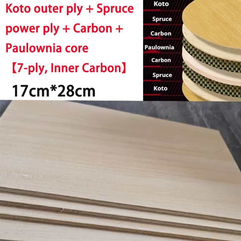 Lame de Tennis de Table en bois, 7 plis, 17cm x 28cm, Koto épicéa puissance carbone, noyau de Paulow