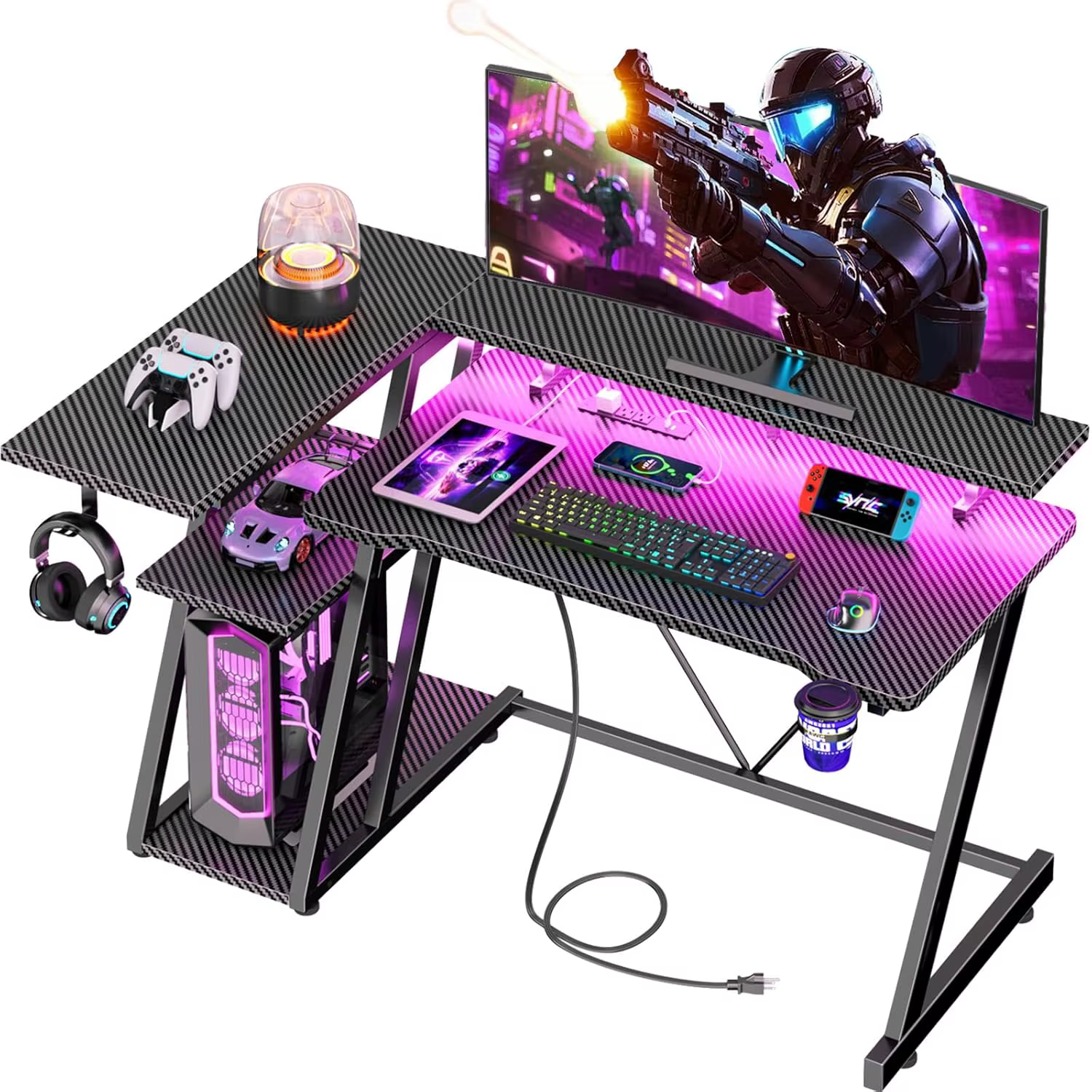 Bureau de jeu de 40 pouces avec prise de courant et éclairage LED, table de jeu informatique en form