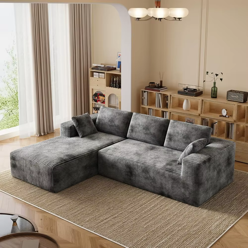 Canapé sectionnel en velours côtelé, canapé en L sans structure avec assise profonde, canapé en mous