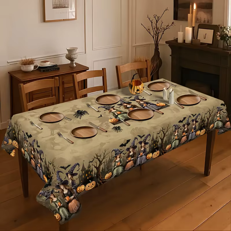 1 pièce, nappe vintage d'Halloween, motif château de sorcière - fond crâne brun.PMJ