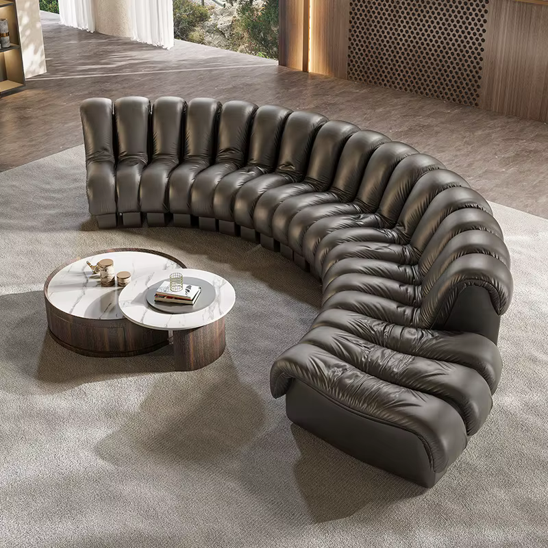 Canapé modulaire incurvé en cuir noir de luxe, unique, style serpent