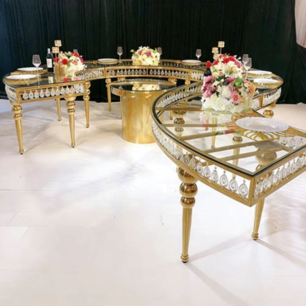 Table à manger de mariage de luxe en acier inoxydable doré | Table de banquet d'événements à plate