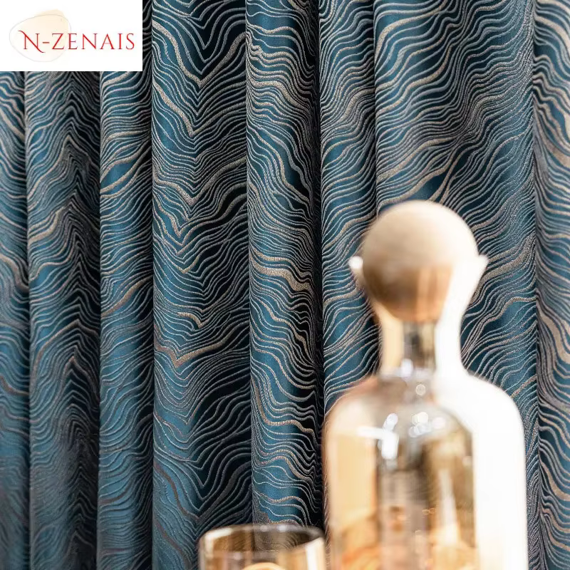 Rideau de luxe jacquard bleu moderne pour salon, tulle blanc nordique de précision, rideaux occultan