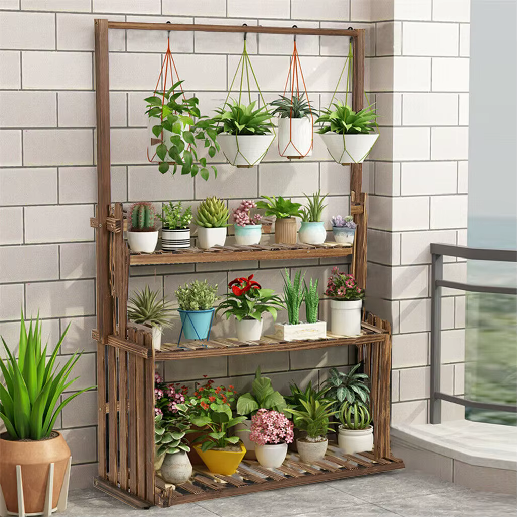 Support pour plantes suspendu robuste, plusieurs étagères en bois pour fleurs en pot, unité d'étagèr