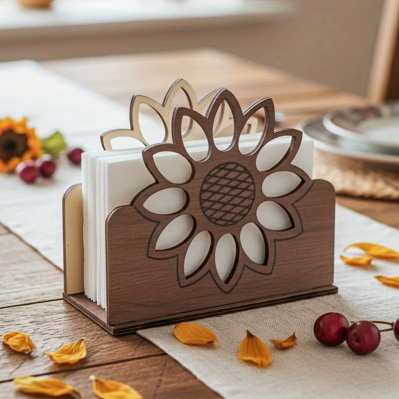 Porte-serviettes en bois au design sophistiqué en forme de tournesol, parfait pour la salle à manger