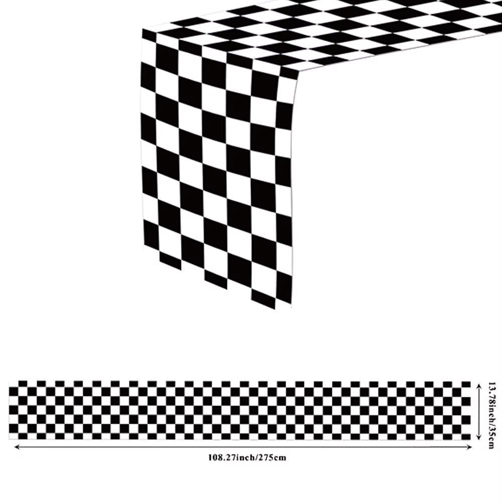 Chemin de table à motif quadrillé noir et blanc pour fête sur le thème des voitures de course, fourn