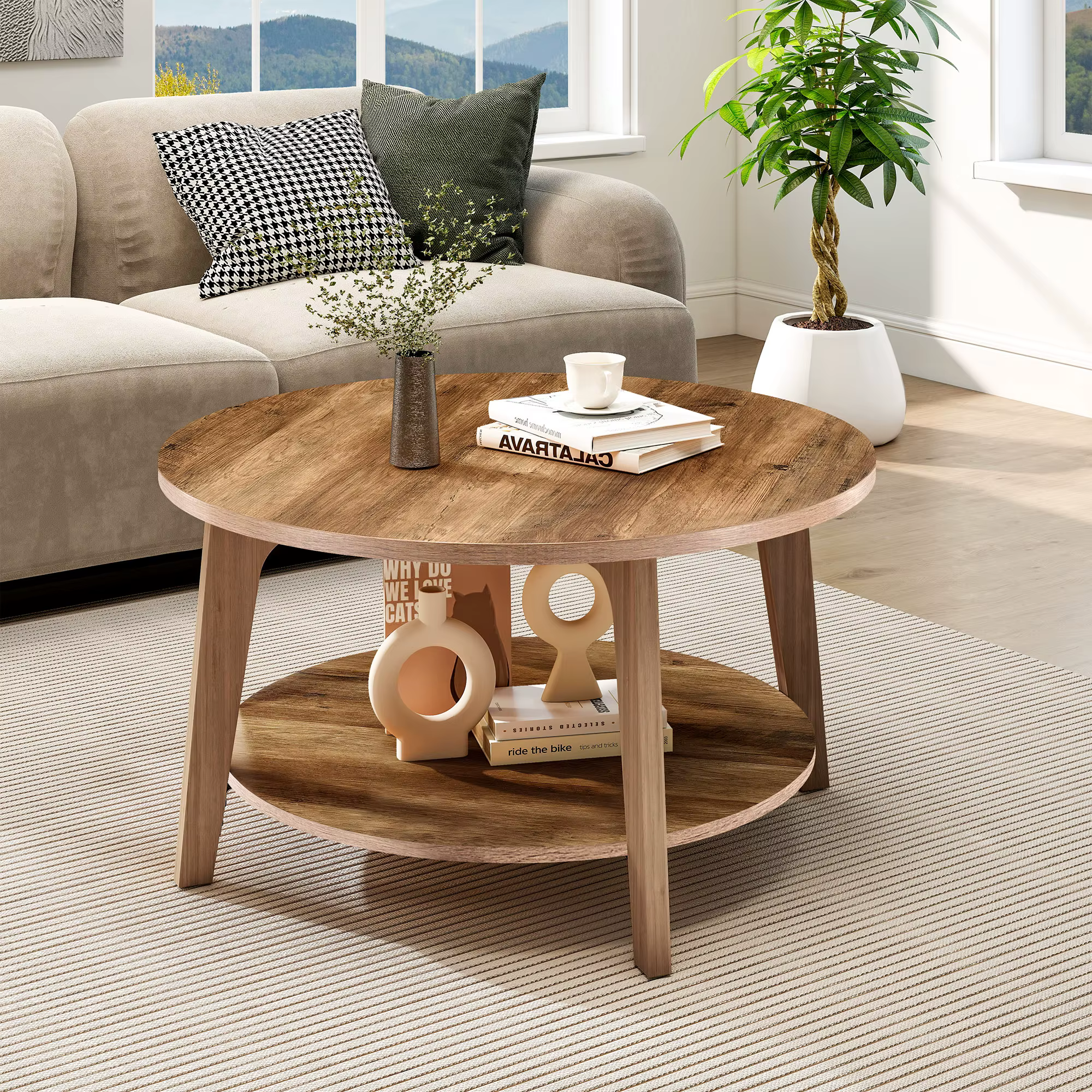 JHK – Table basse ronde en bois de 32 pouces, pour salon, comptoir central à 2 niveaux avec rangemen
