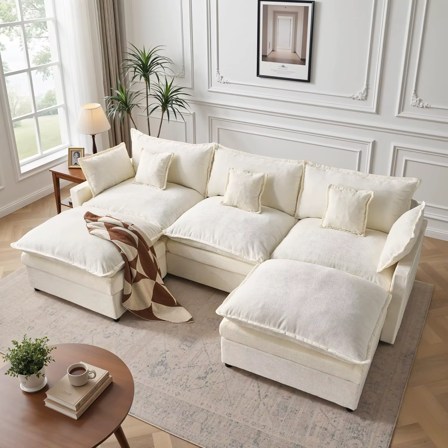 Canapé sectionnel en forme de U de 107,8 pouces, confortable canapé modulaire en chenille avec ottom