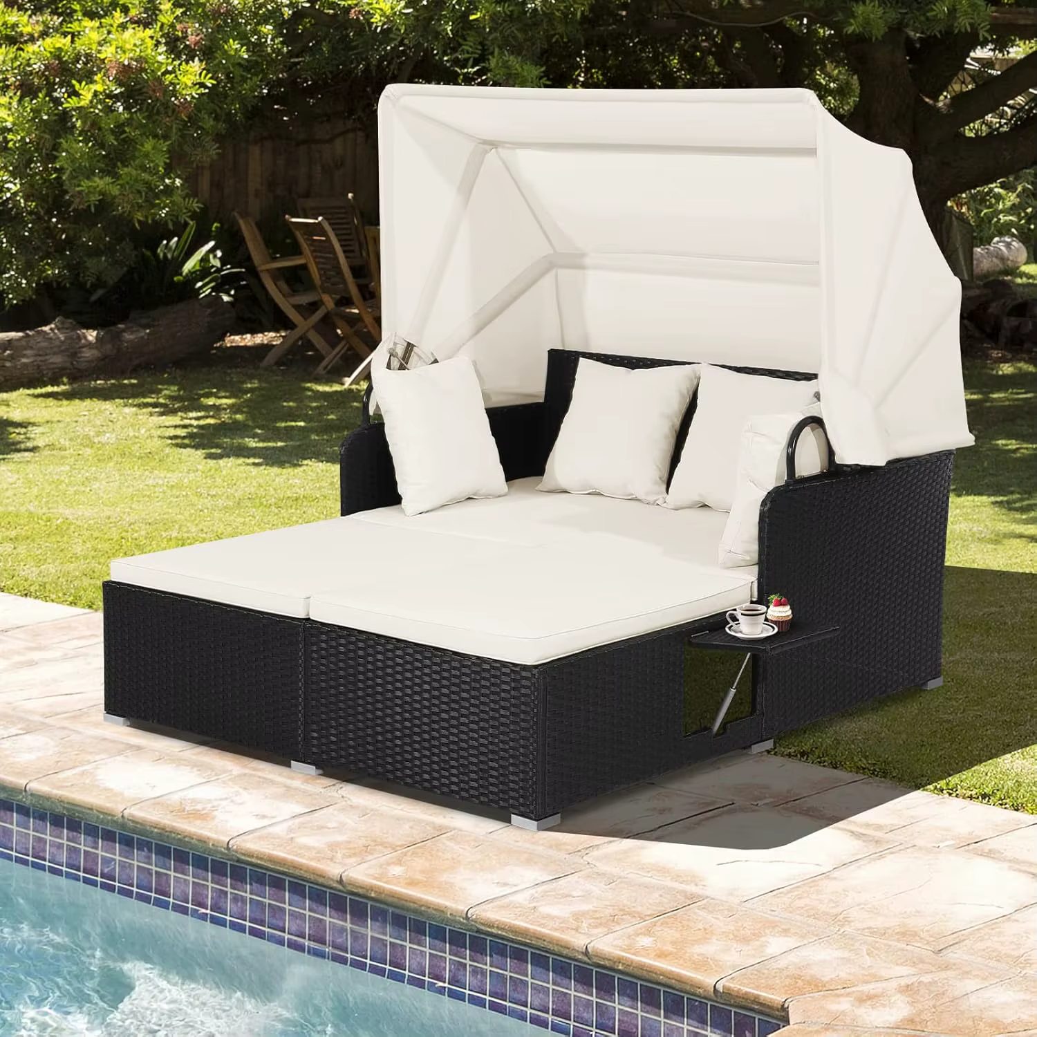 Lit de repos d'extérieur avec auvent rétractable, ensemble de meubles de patio en osier avec coussin