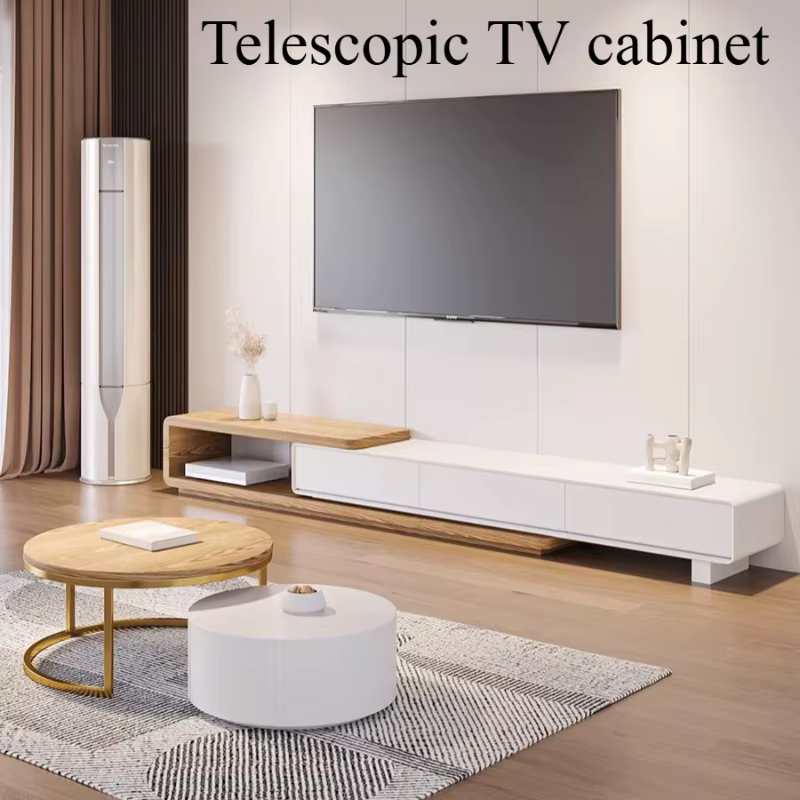 Meuble TV vertical rétractable avec vitrine et tiroirs