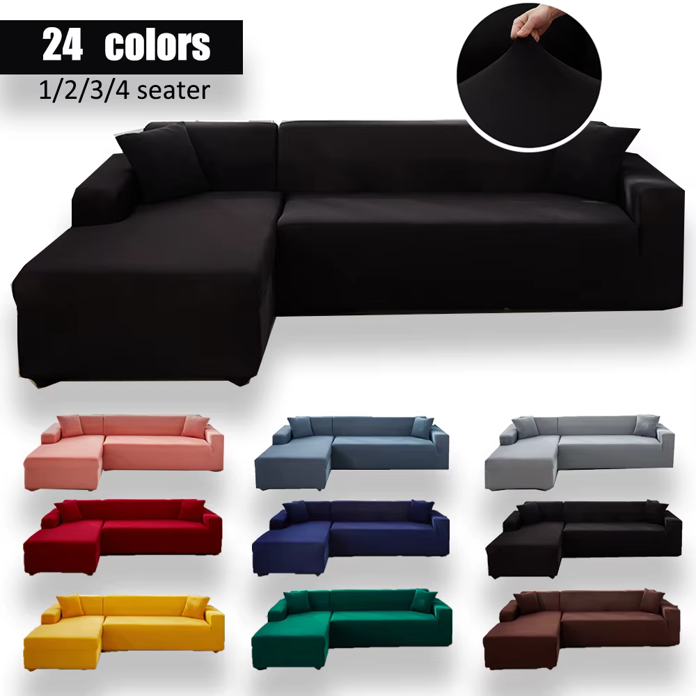 Housse de canapé d'angle élastique de couleur unie noire pour salon 2 3 4 places Chaise Longue