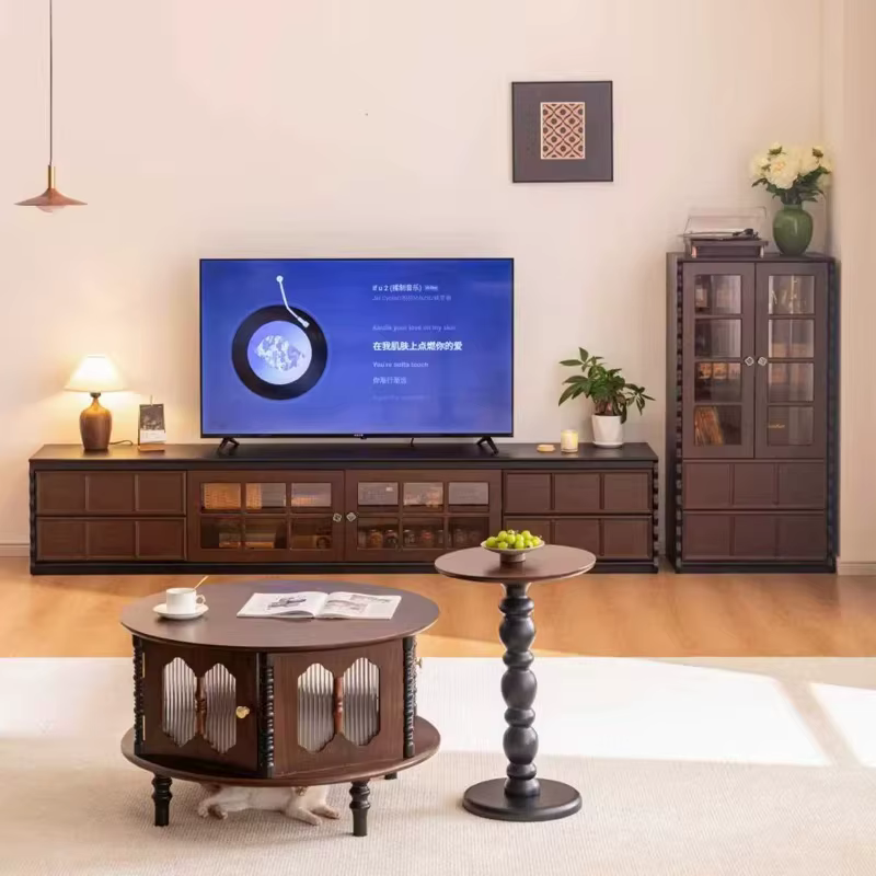 Meuble TV vintage en bois avec portes en verre