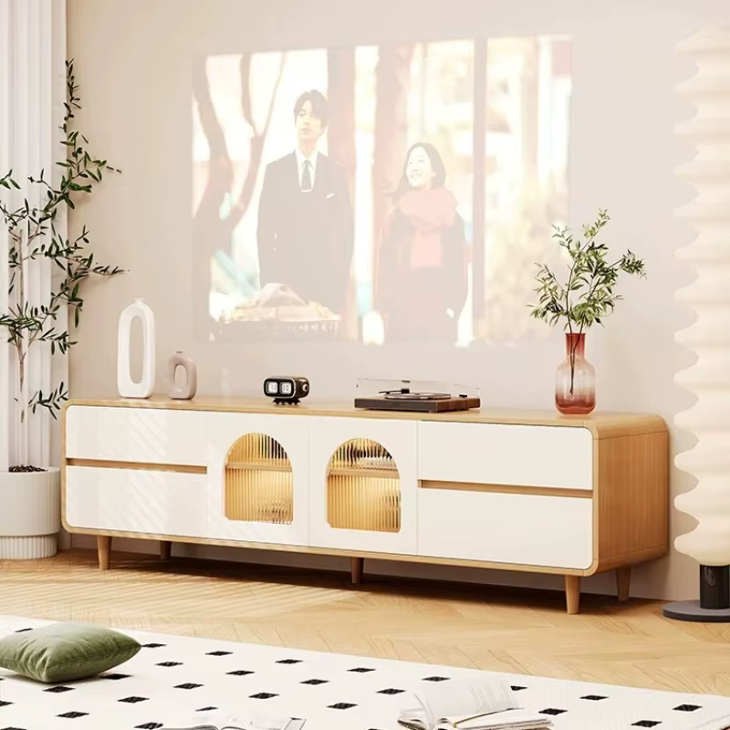 Meuble TV en bois massif blanc pour salon