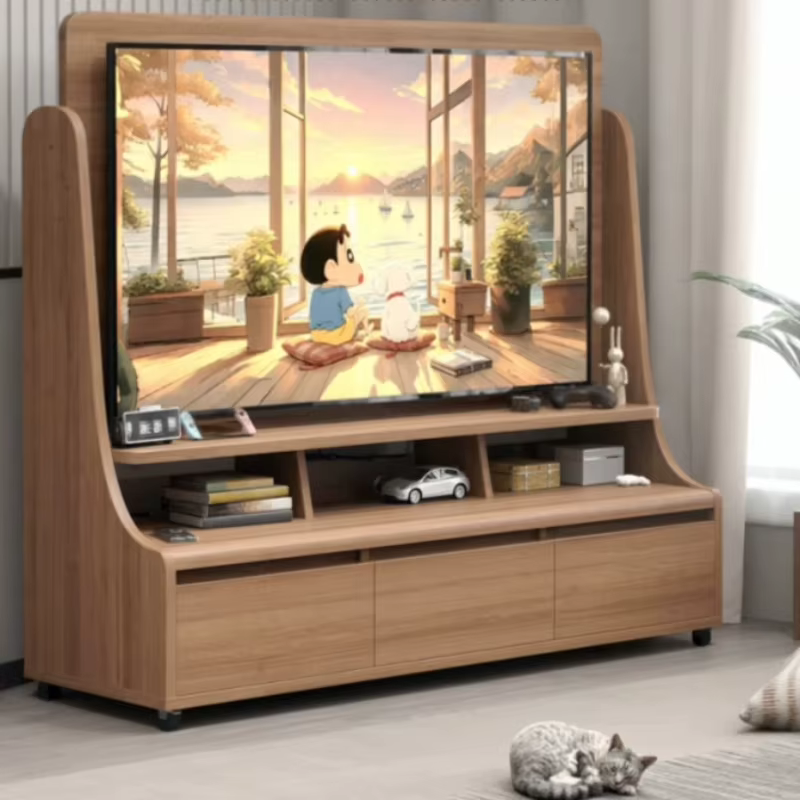Meuble TV mural mobile avec rangement au sol et étagères