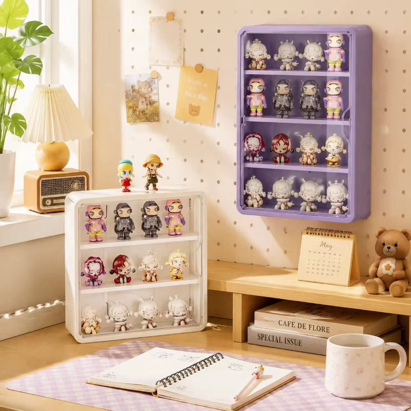 Vitrine murale blanche à 4 niveaux, étagère transparente anti-poussière pour le rangement de figurines Blind Box et la décoration intérieure