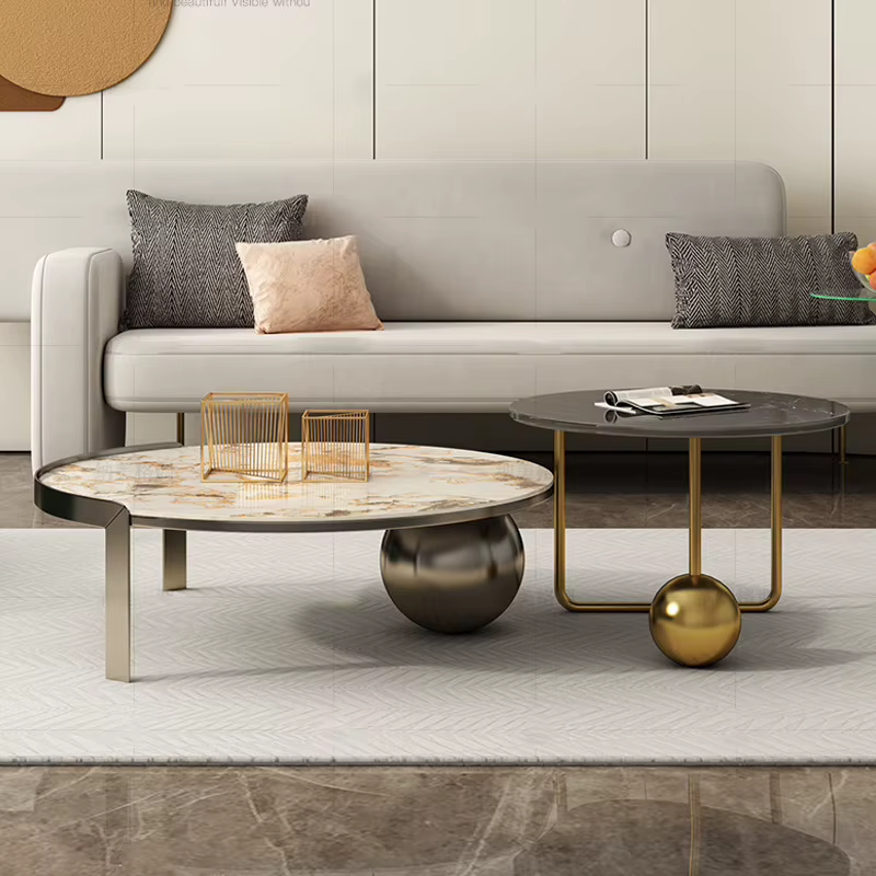 Table basse moderne en acier inoxydable avec pierre ronde