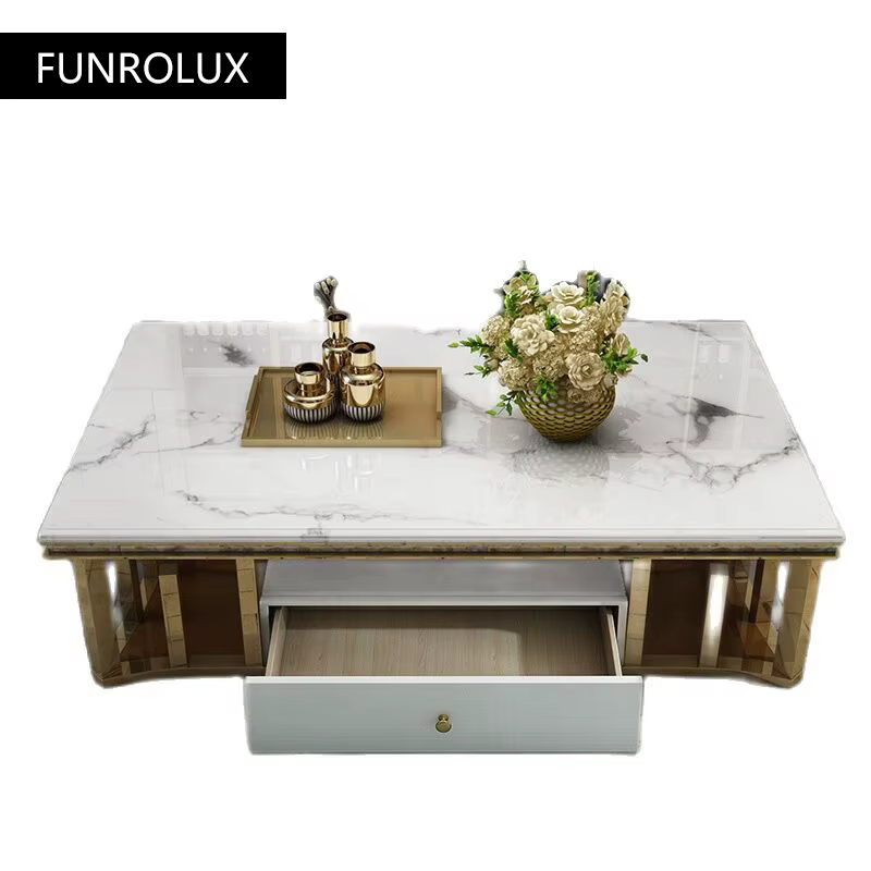 Table basse rectangulaire en marbre et acier inoxydable