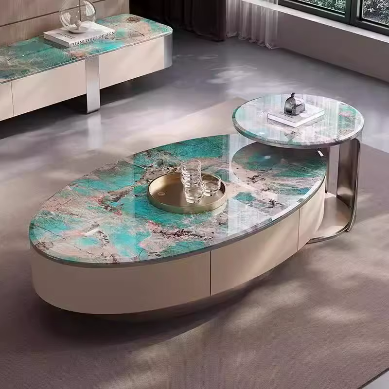 Table basse ovale de luxe en marbre avec cadre en bois et base métallique