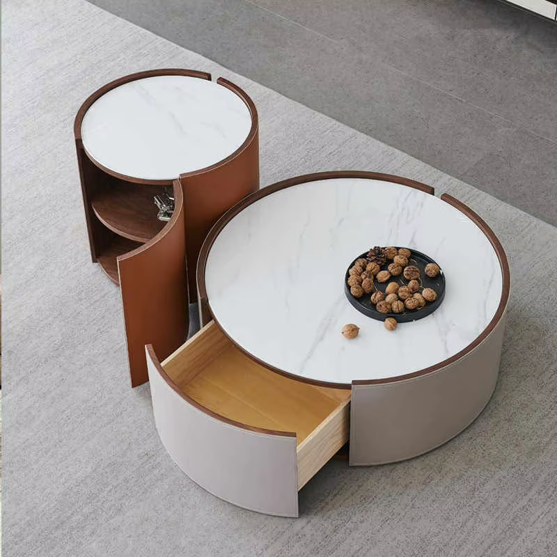 Ensemble de table basse ronde en cuir et pierre frittée