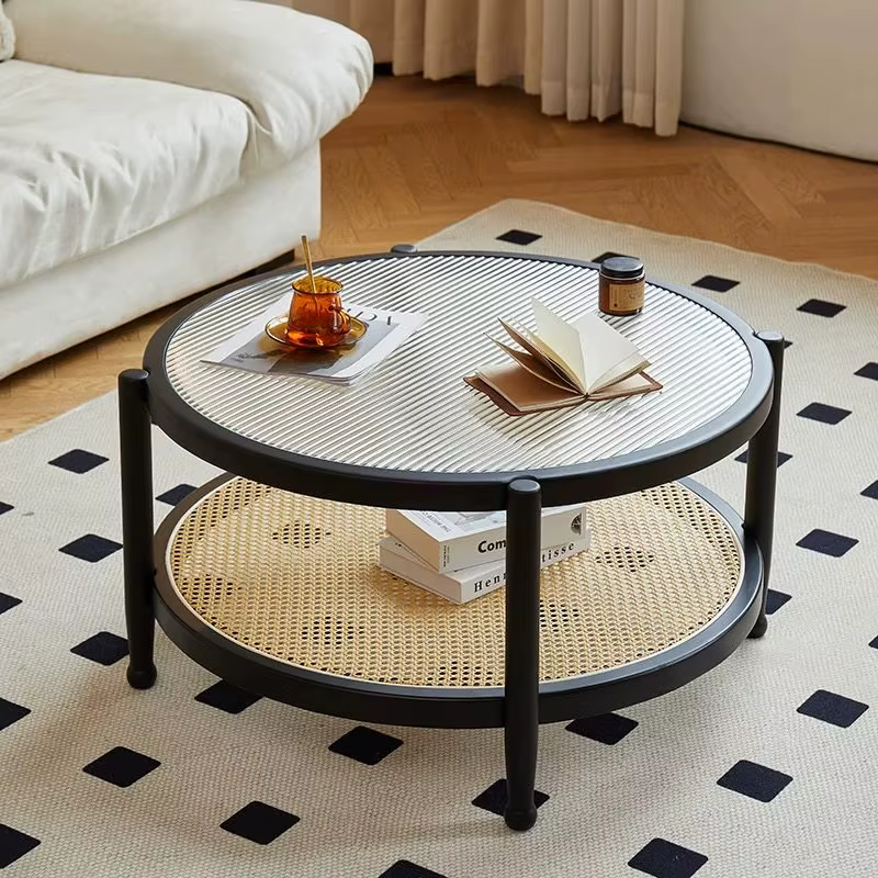 Table basse ronde japonaise en rotin et bois