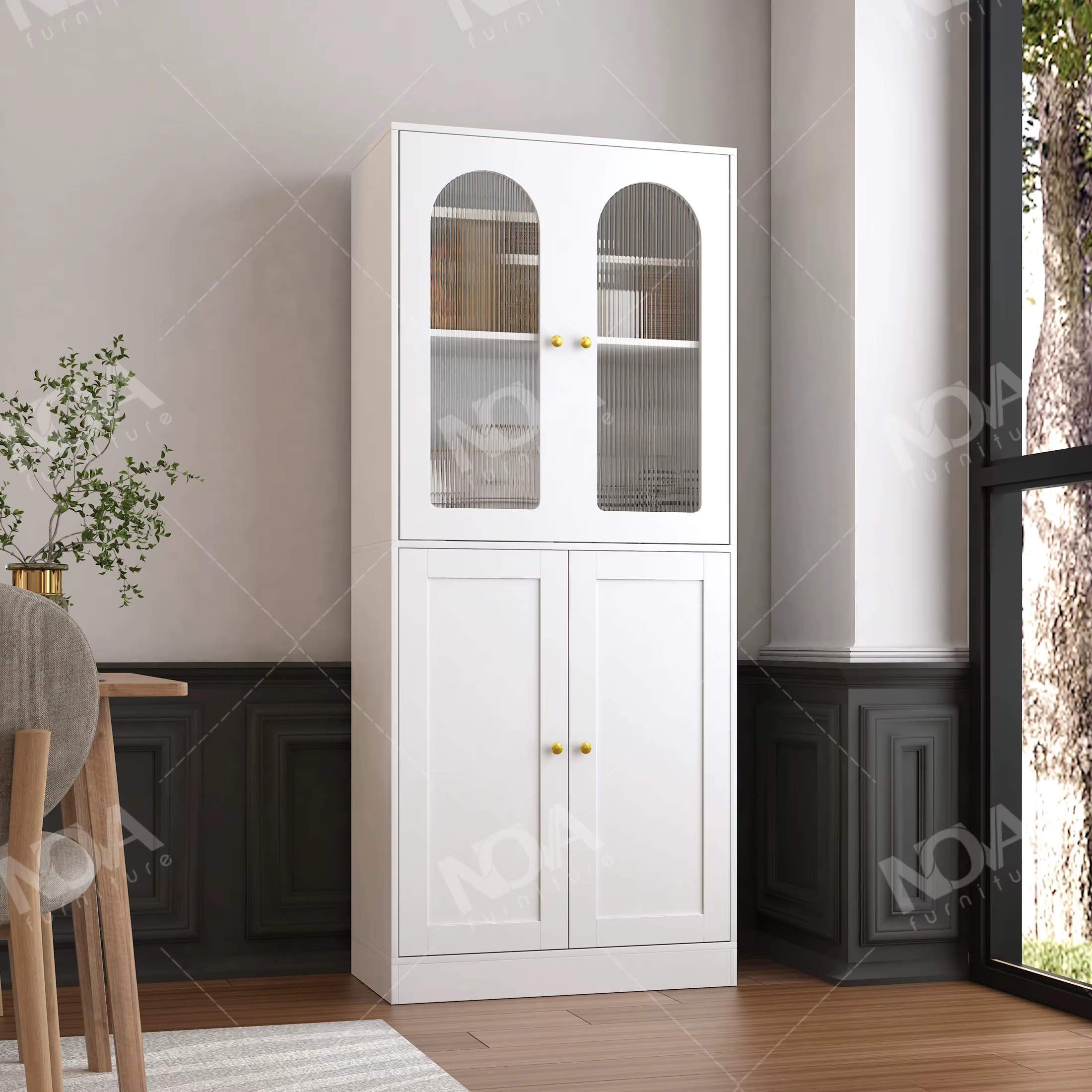 Blanc 4 portes salon affichage armoire de rangement cannelé porte en verre bibliothèque 1.8m étagère en bois moderne meubles de maison armoires