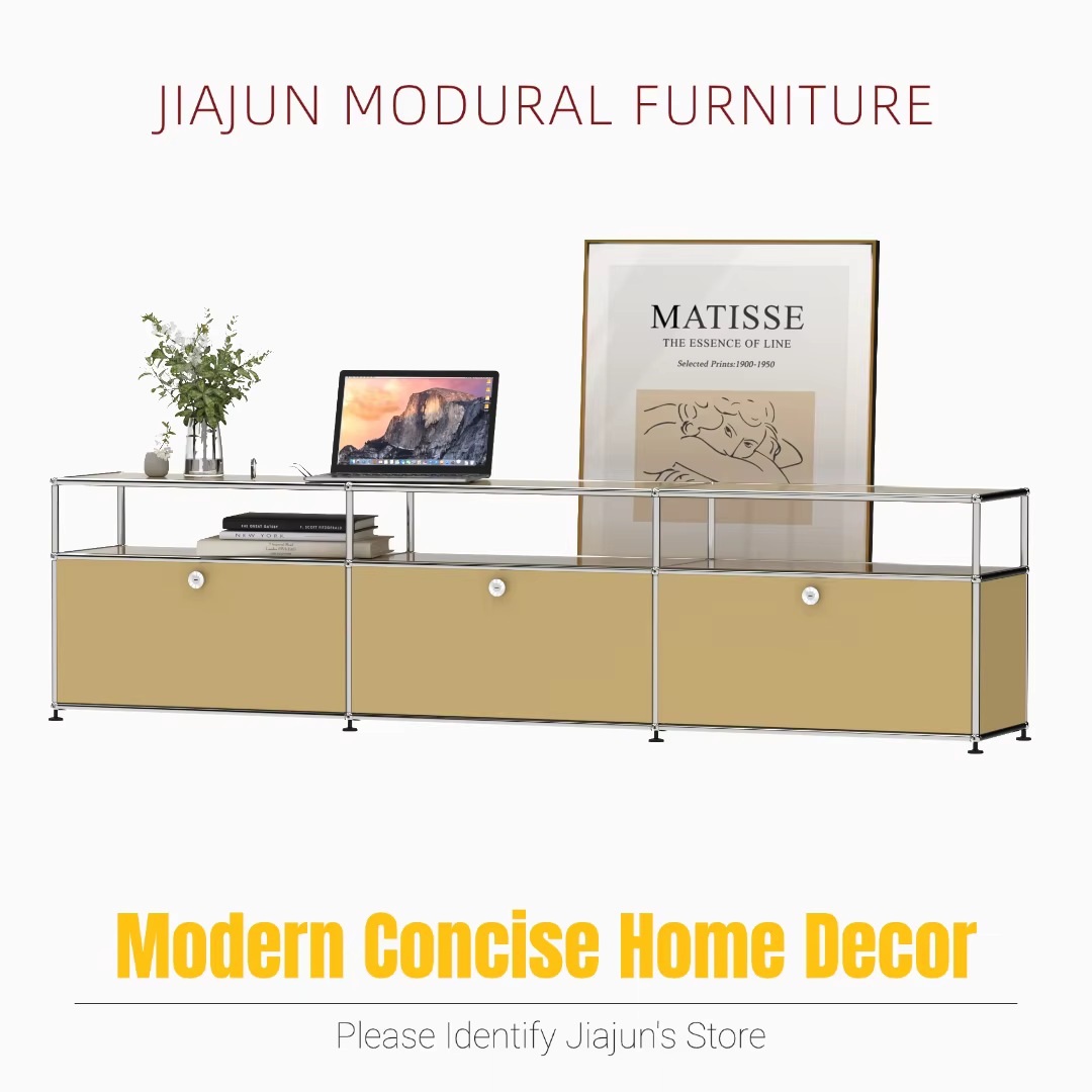 Meuble TV bas modulaire moderne | Buffet à 3 niveaux avec portes battantes | Unité de banc de rangement à cadre en